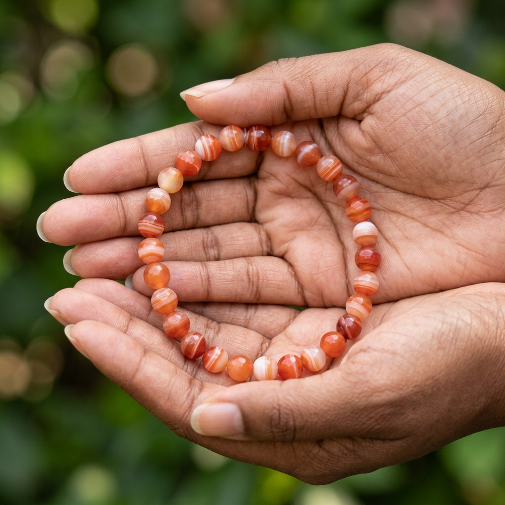 Sardonyx bracelet presented in cupped hands