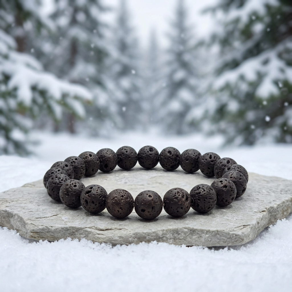 Lava Rock bracelet with snowy evergreen forest