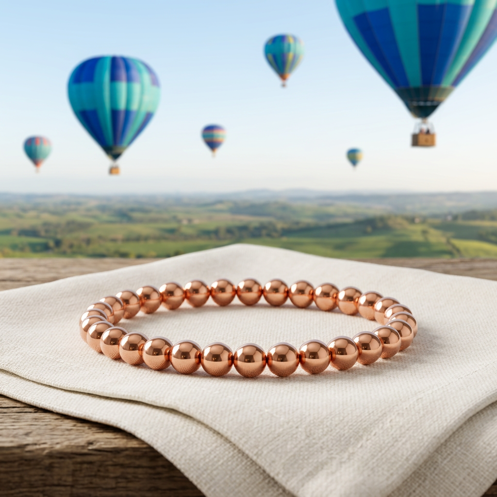 Copper 4mm bracelet with blue and turquoise hot-air balloons in the background