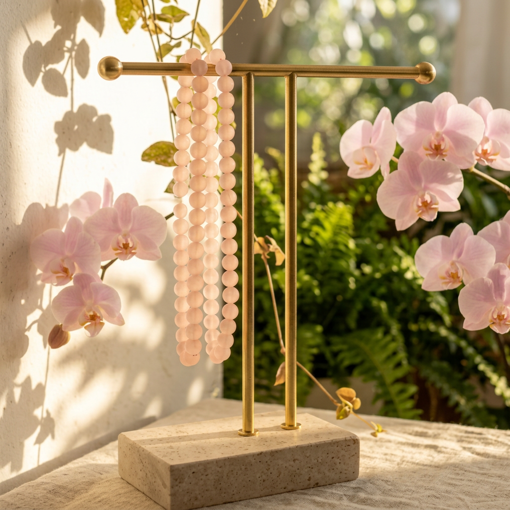 Matte Rose Quartz bracelets with soft pink orchids