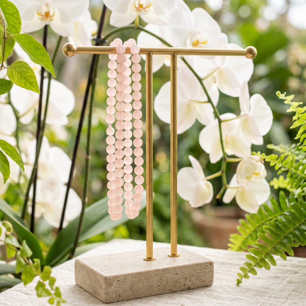 Matte Rose Quartz bracelets with white orchids
