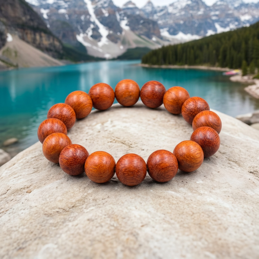 Wooden 12mm bracelet with alpine lake and snowy mountains