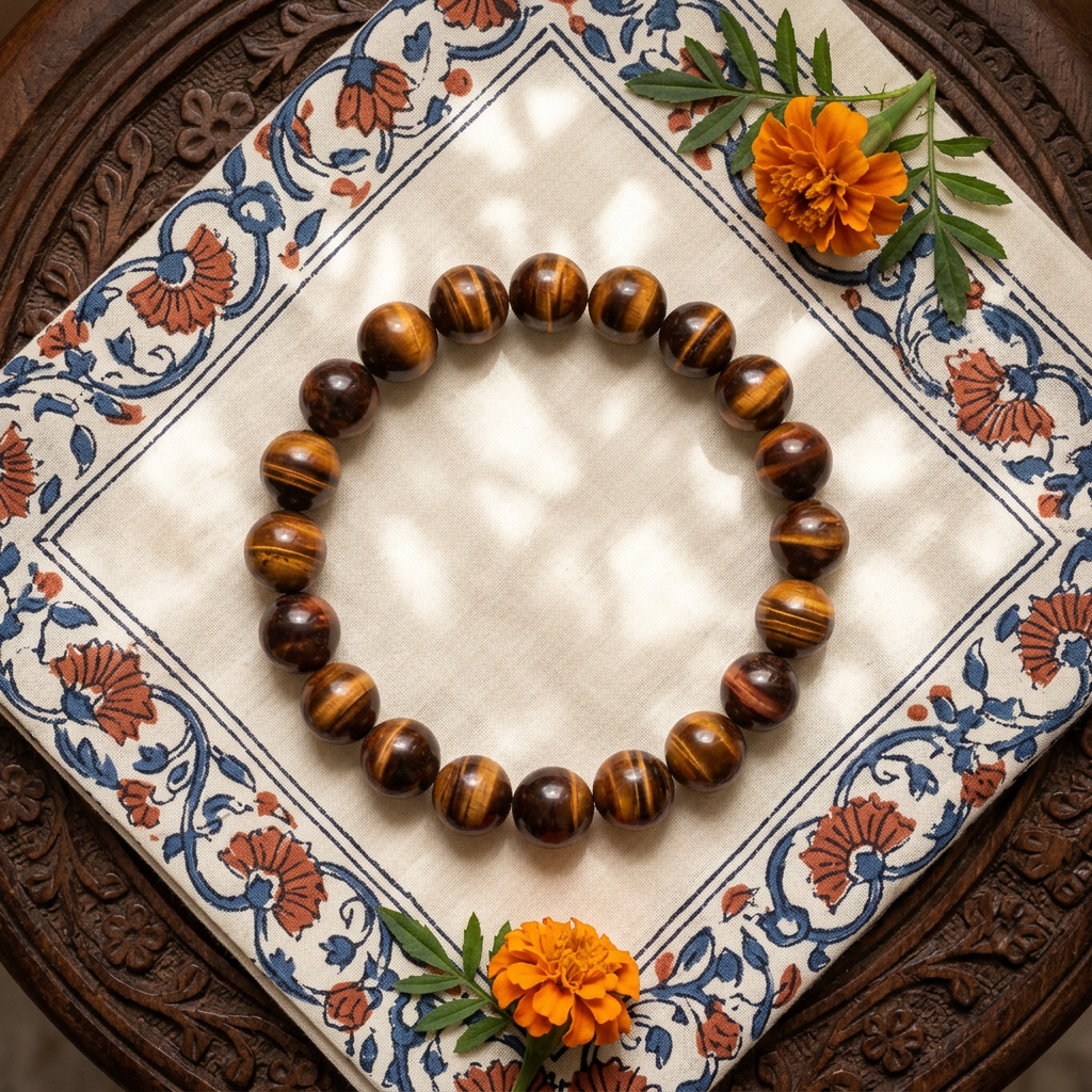 Tiger’s Eye bracelet on Indian block-printed cotton