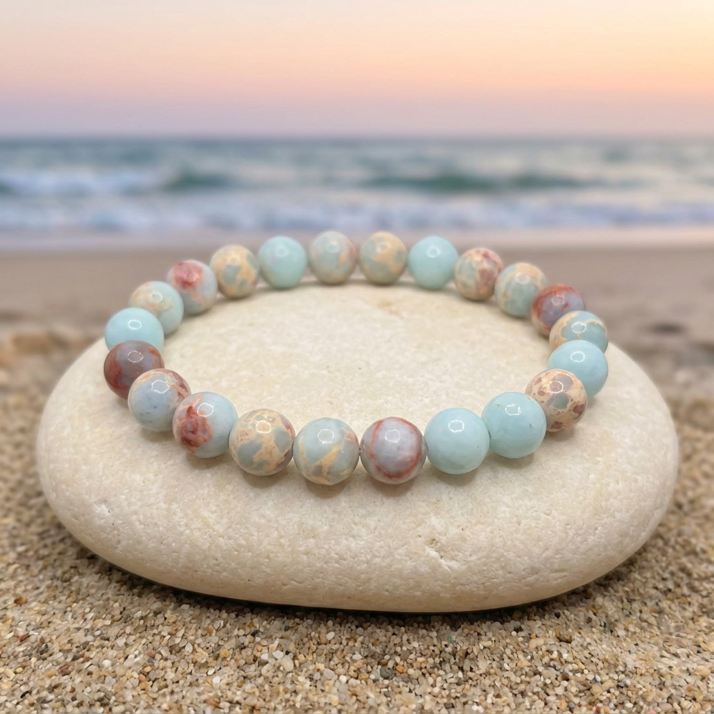 Sea Sediment Jasper bracelet with pastel beach sunset