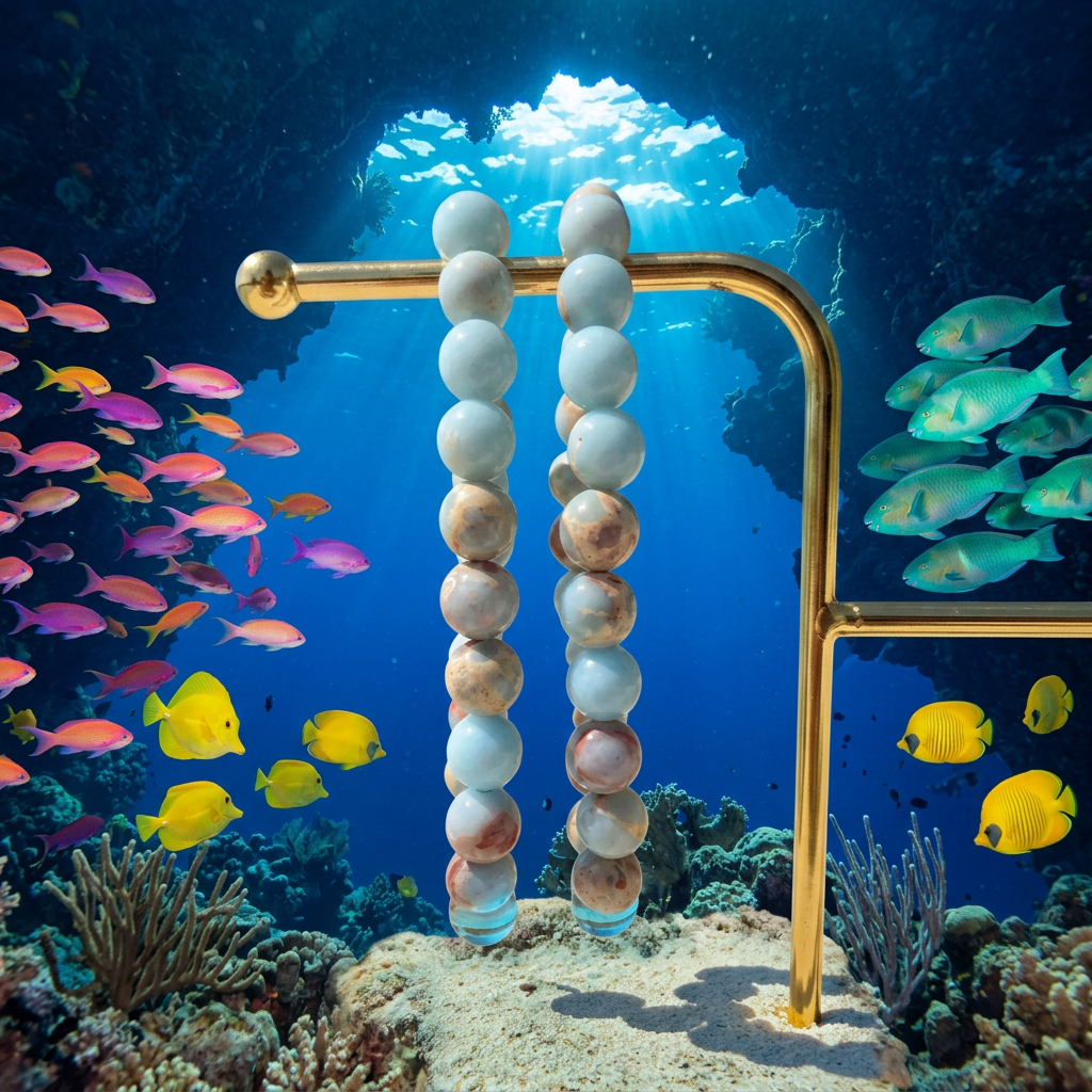 Sea Sediment Jasper bracelets with a blue underwater coral arch and schools of colourful fish