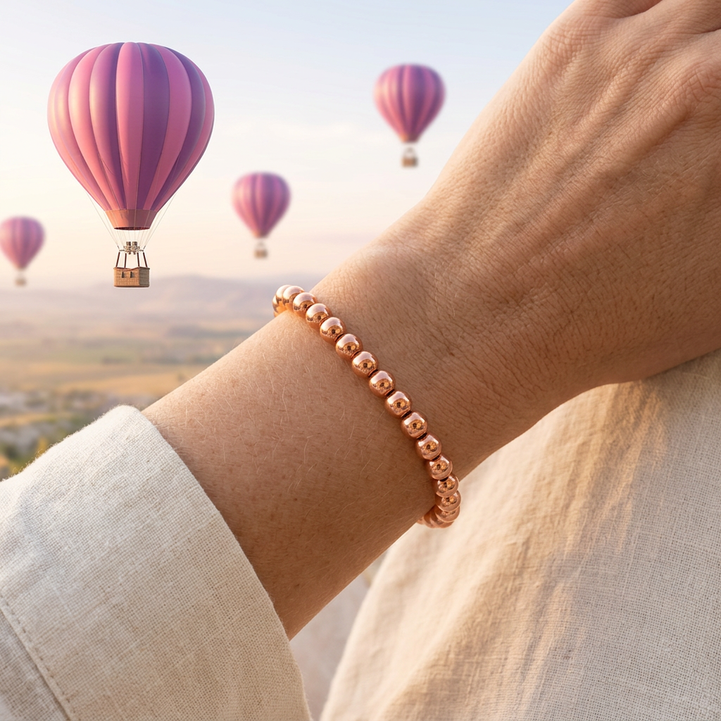 Copper 4mm bracelet worn on a wrist with pink and purple hot-air balloons behind