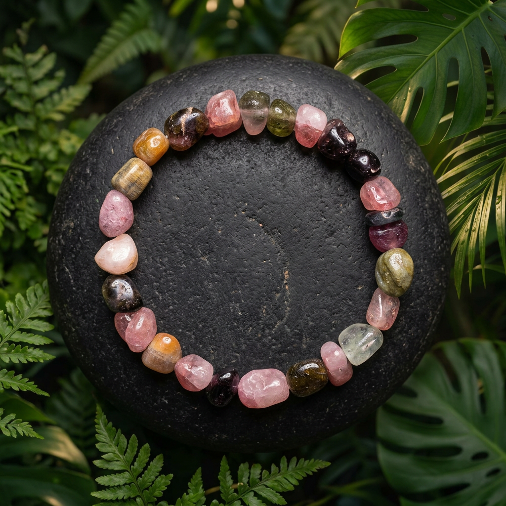 Multicolour tourmaline bracelet on dark stone surrounded by jungle ferns