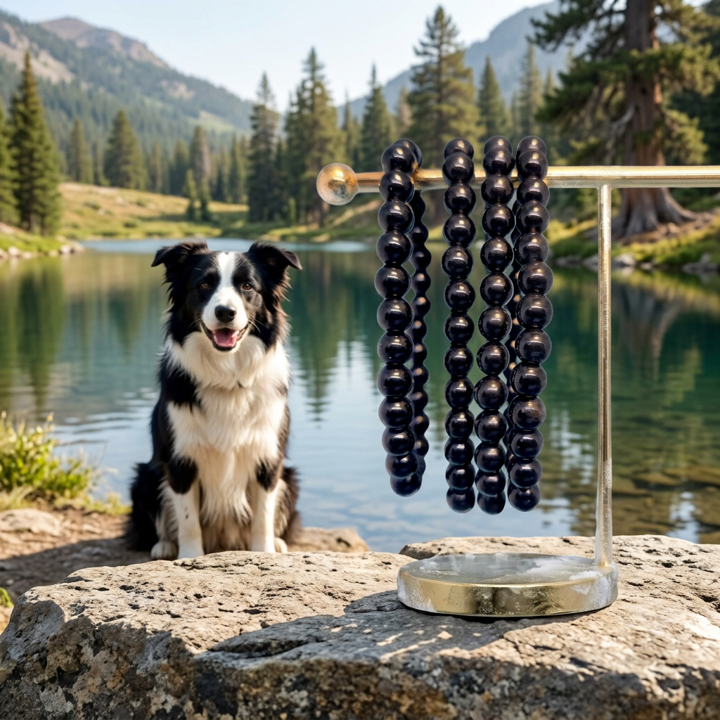 Black Tourmaline bracelets with a border collie beside a mountain lake