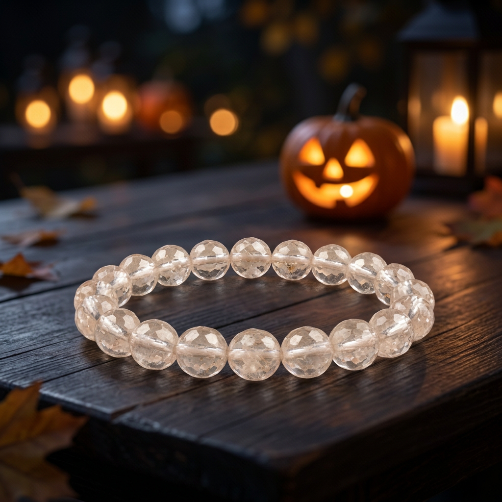 Rutilated quartz bracelet on a pumpkin-lit porch at Halloween night