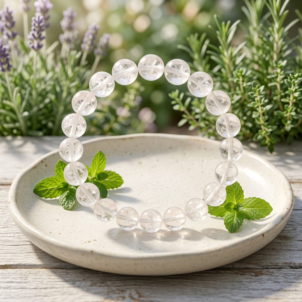 Clear quartz bracelet on a cream ceramic dish with mint