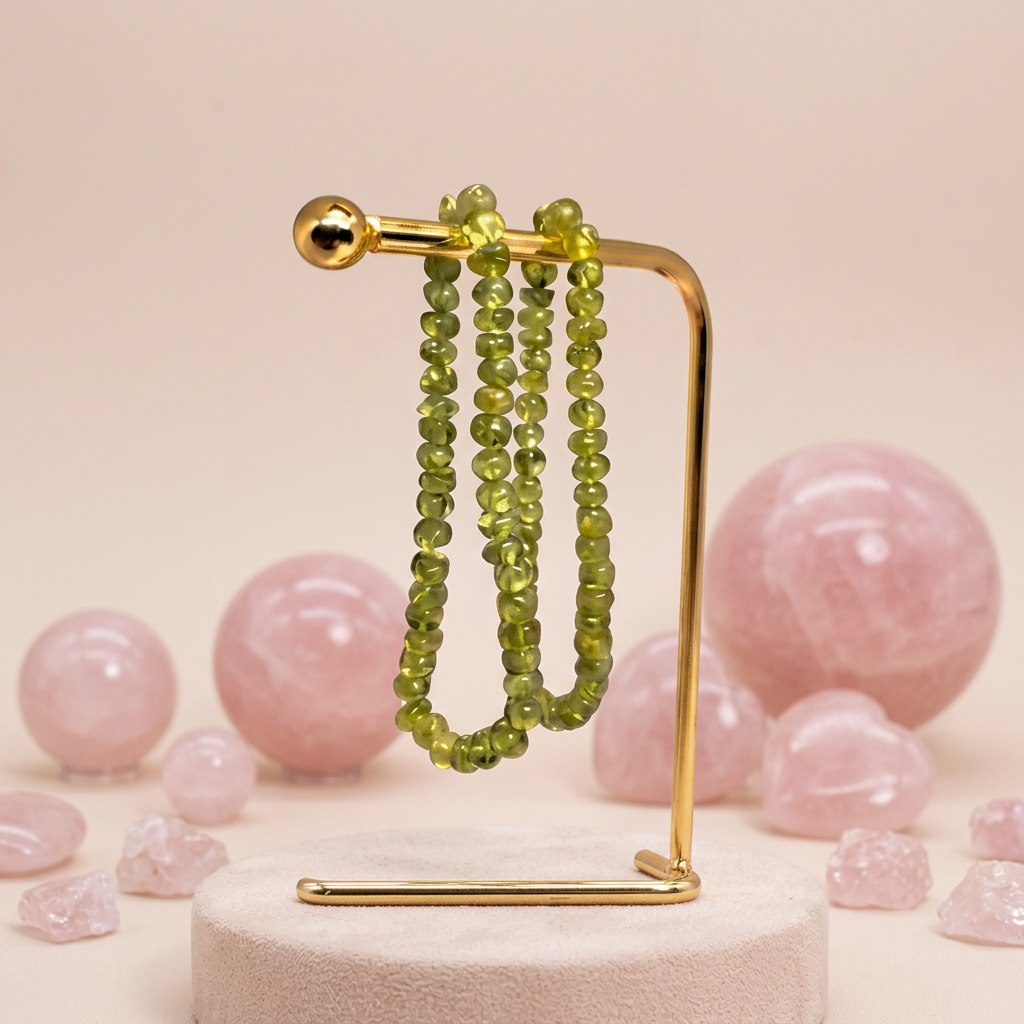 Peridot bracelets with rose quartz spheres and hearts