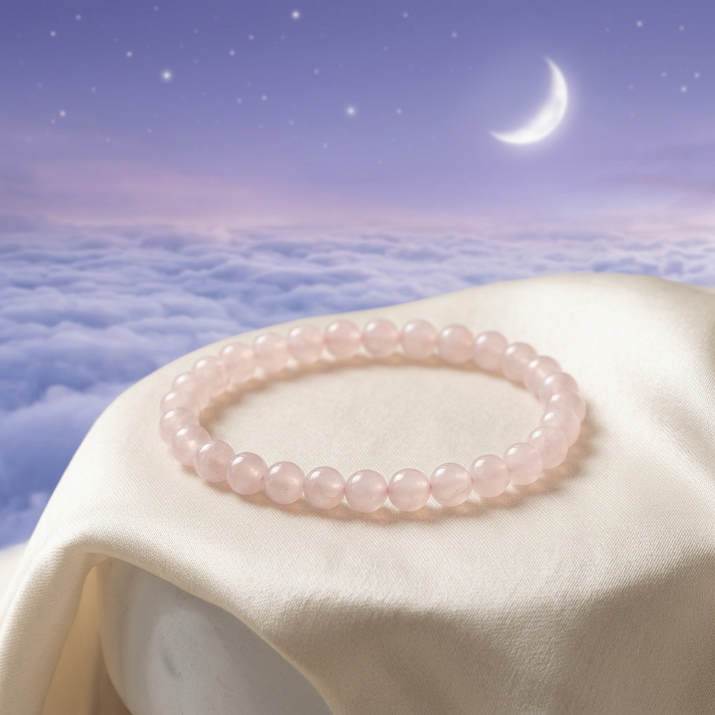 Rose Quartz bracelet above clouds beneath a lavender moonlit sky