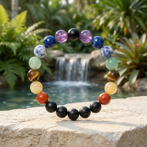 7 Chakras bracelet with a waterfall and green foliage