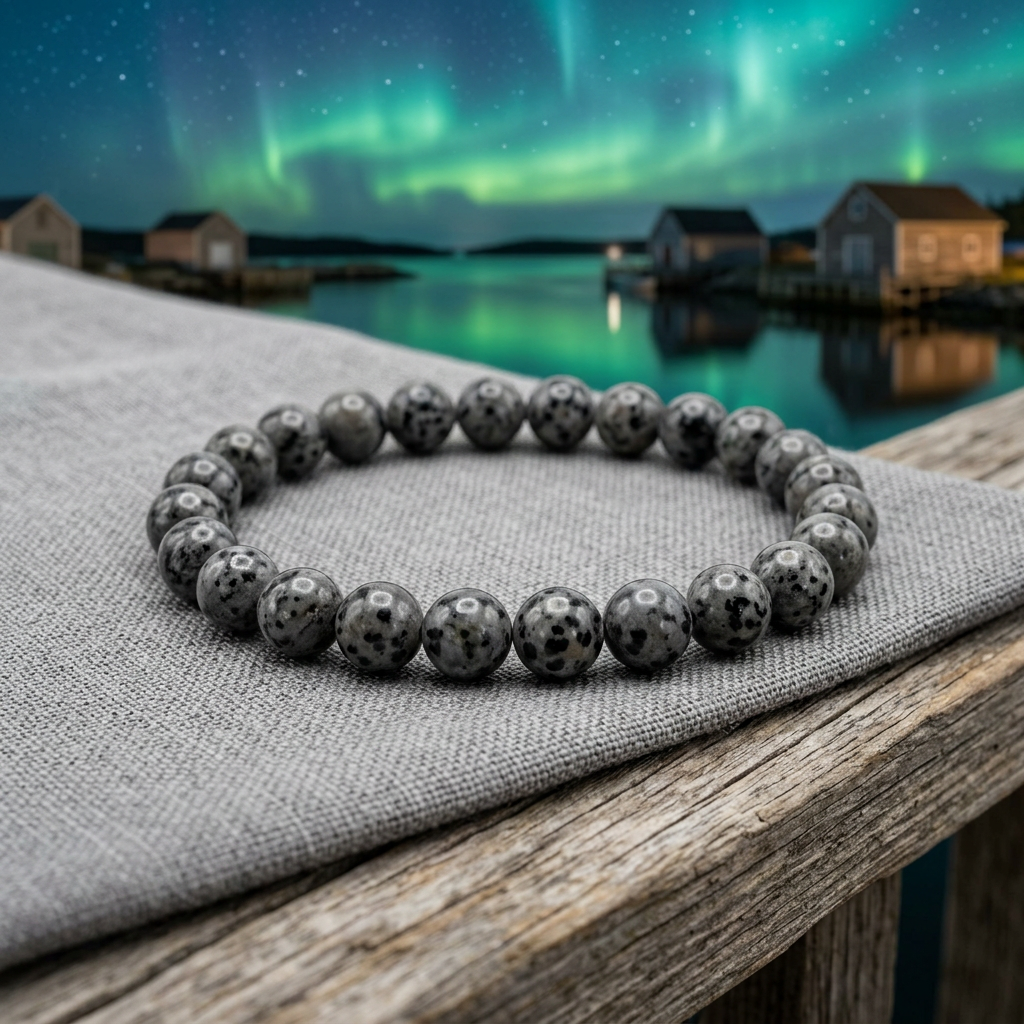 Grey bracelet with black spots with northern lights reflected in a harbour