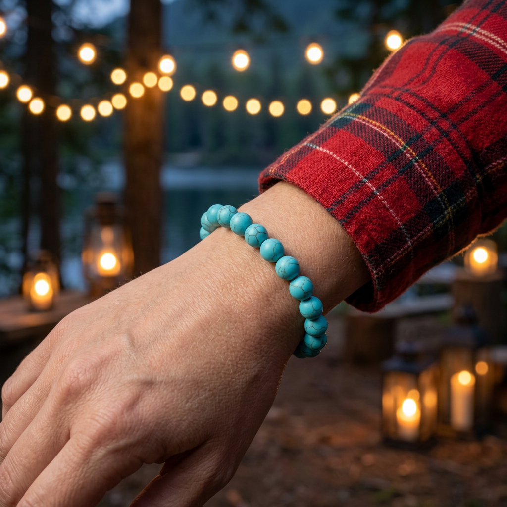 Turquoise bracelet worn with a red plaid sleeve beneath nighttime string lights
