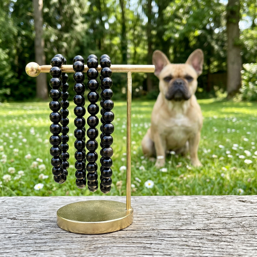 Black Tourmaline bracelets with a French bulldog in a sunny flower garden