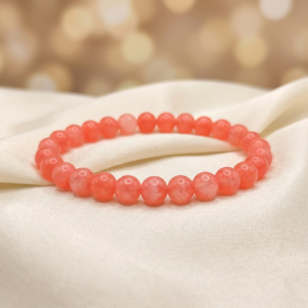Pink Jade bracelet on ivory satin with golden lights