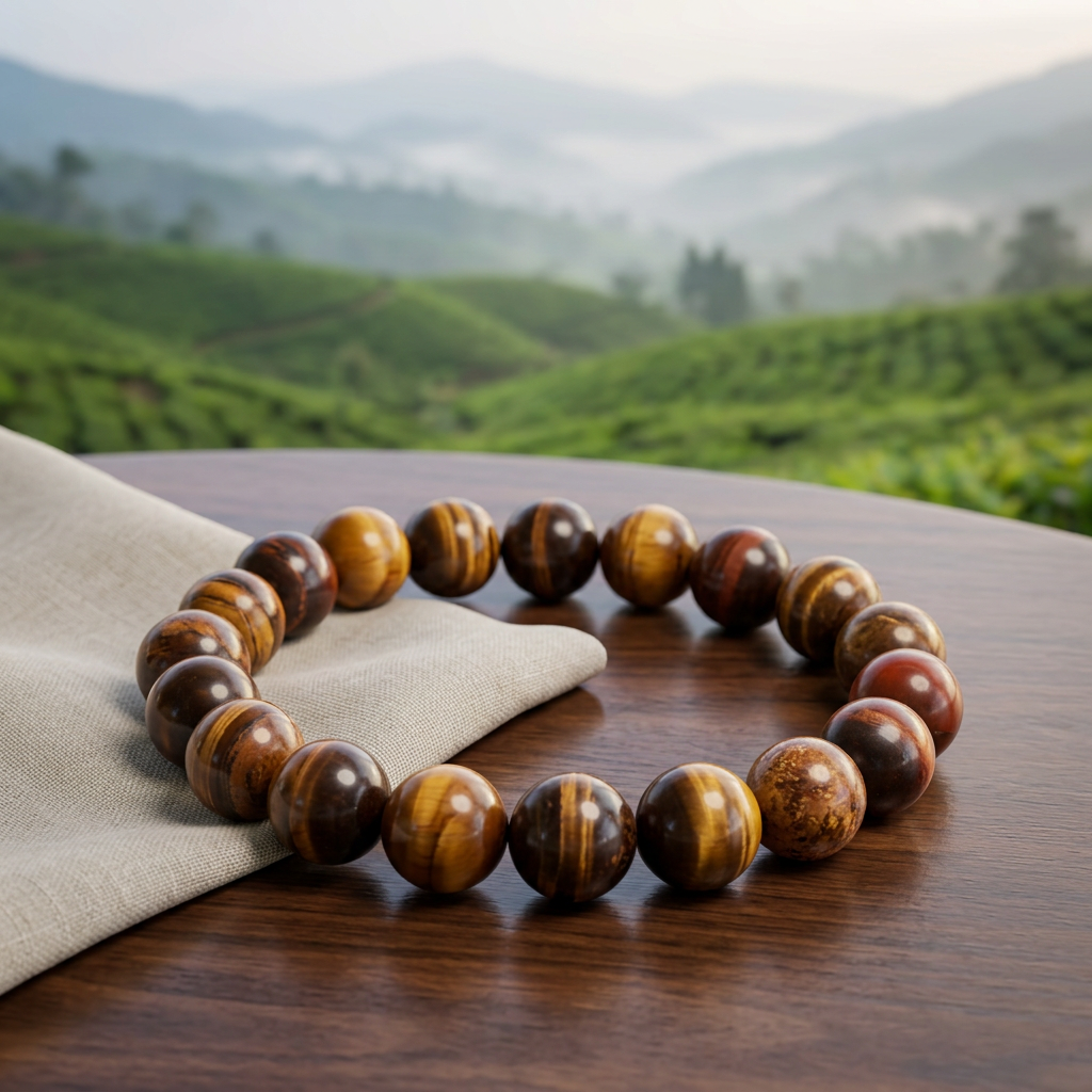 Tiger’s Eye bracelet overlooking Darjeeling-inspired tea gardens