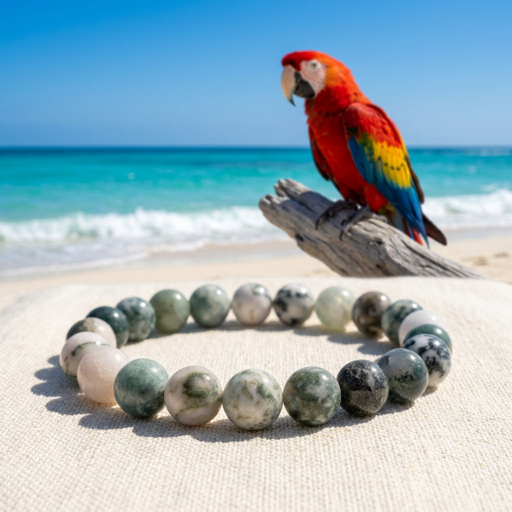 Bracelet at a tropical beach with a scarlet macaw