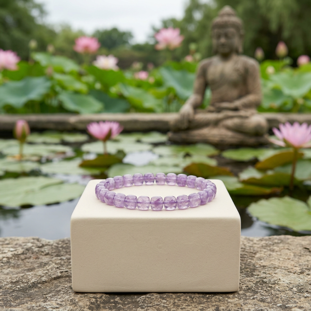 Amethyst bracelet with a Buddha statue and lotus pond background