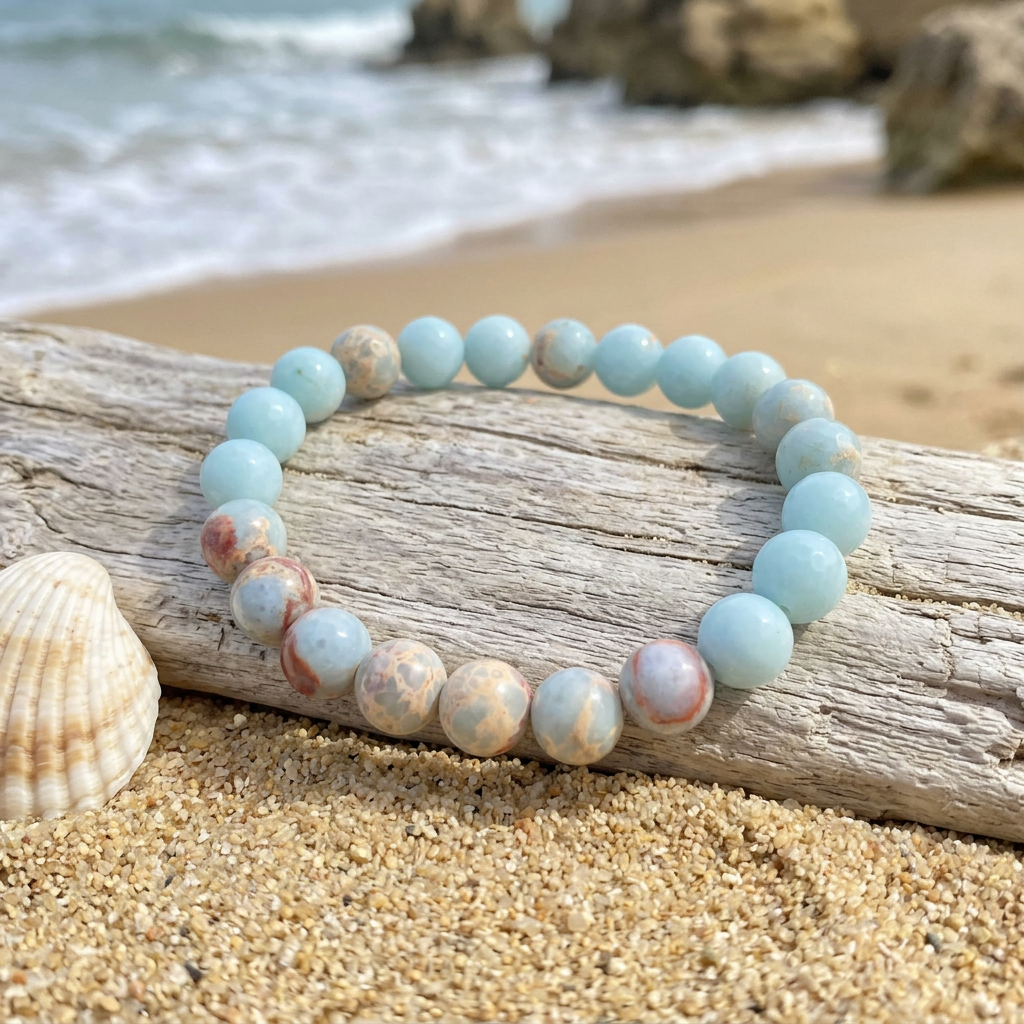 Sea Sediment Jasper bracelet on driftwood beside gentle waves