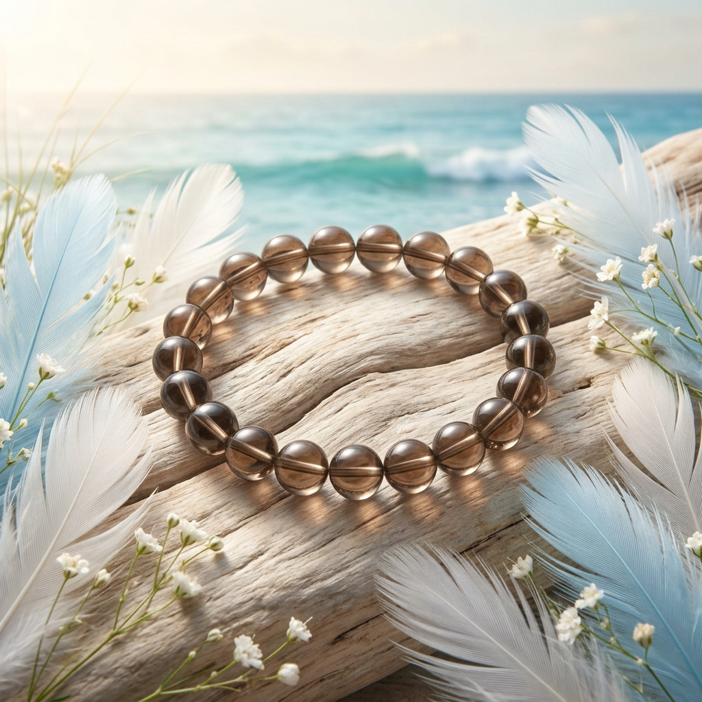 Smoky Quartz bracelet with white and blue feathers beside the sea