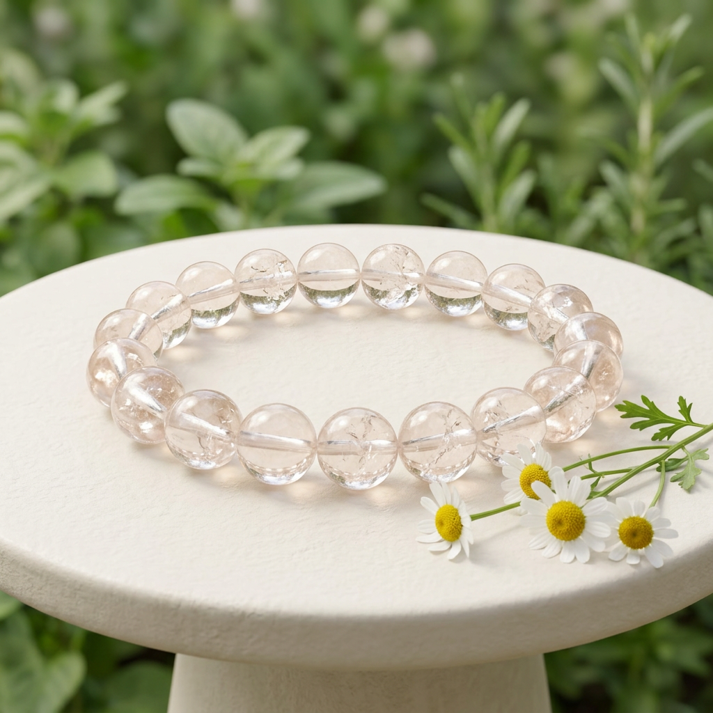Clear quartz bracelet with chamomile flowers beside an ivory display