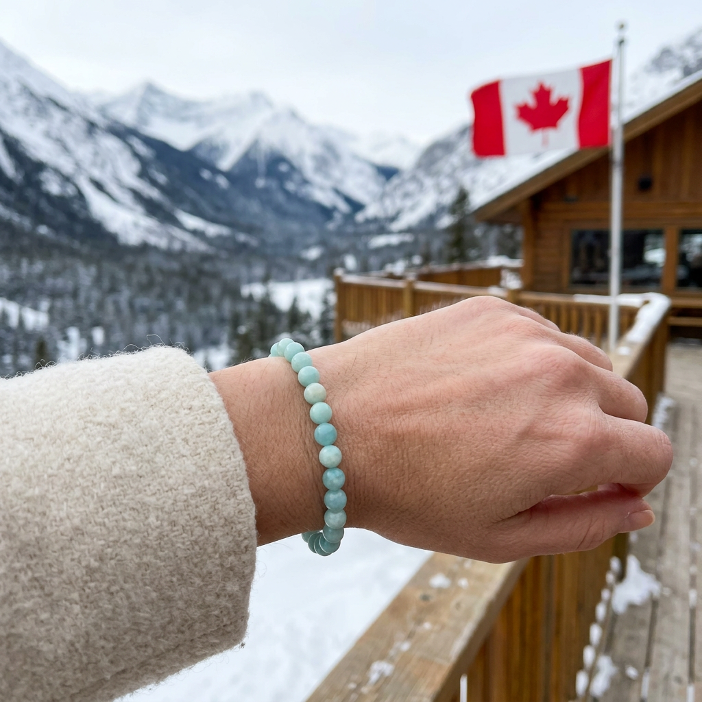 Turquoise jade bracelet worn with a snowy mountain valley and Canadian flag