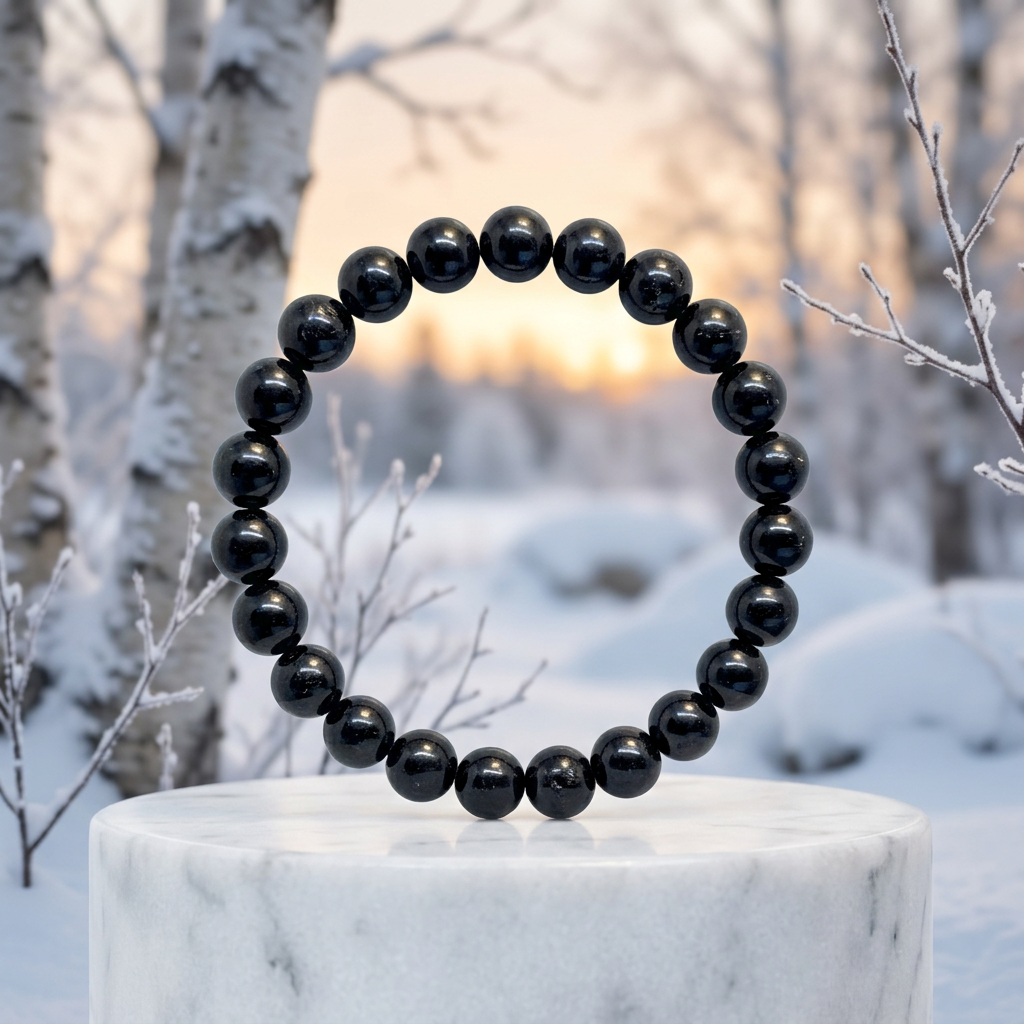 Black Tourmaline bracelet with snowy birch trees at sunrise