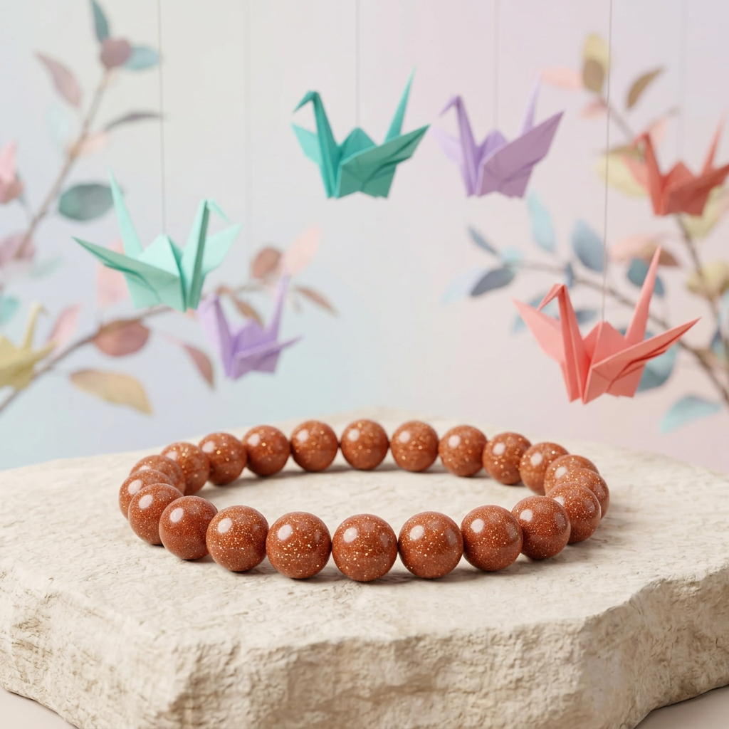 Goldstone bracelet with colourful hanging origami birds