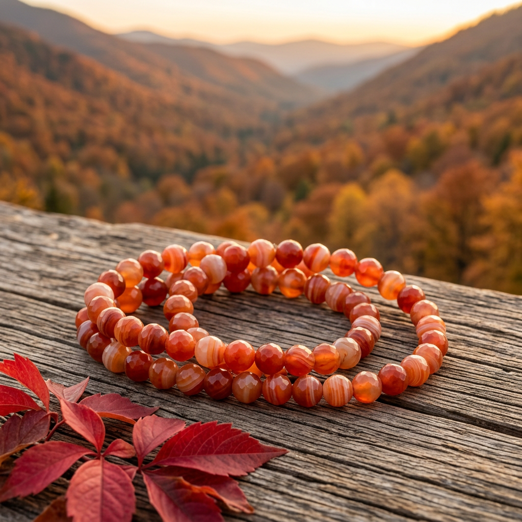 Sardonyx bracelets overlooking a golden autumn mountain valley at sunset