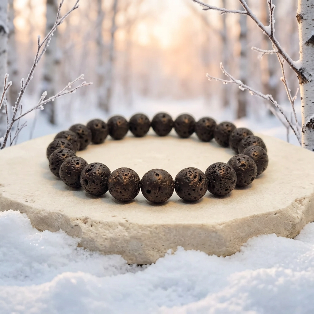 Lava Rock bracelet with snowy birch grove at sunrise