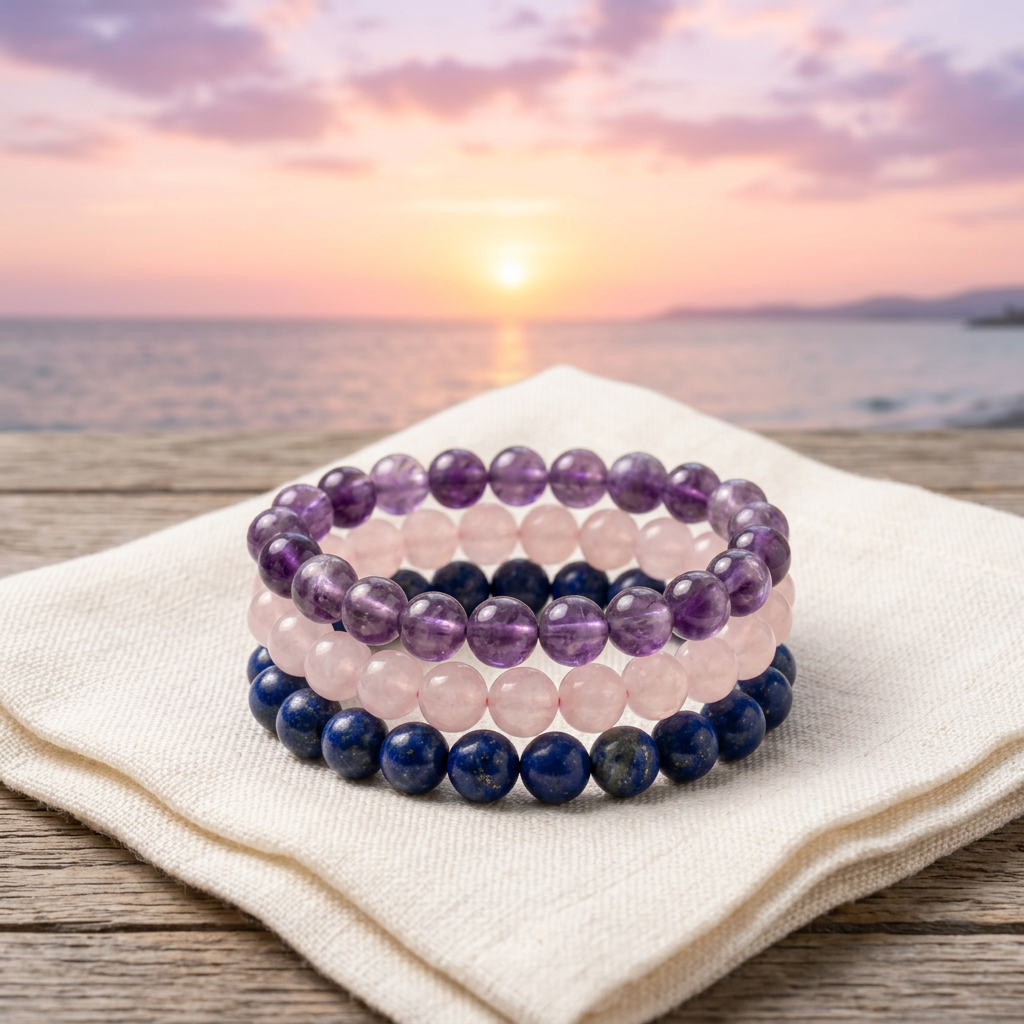 Self-Forgiveness Trio bracelets on ivory linen with a lavender-pink ocean sunset