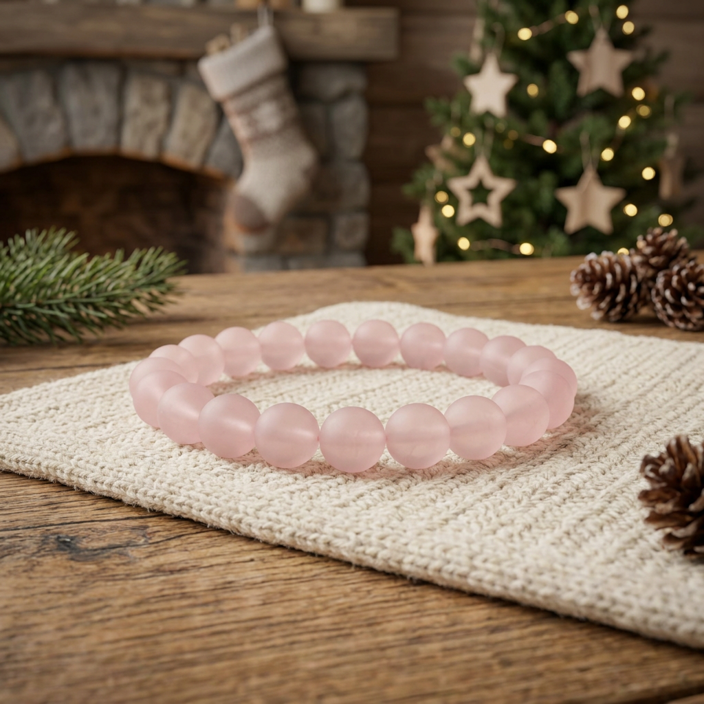 Matte Rose Quartz bracelet in a cosy country Christmas cabin