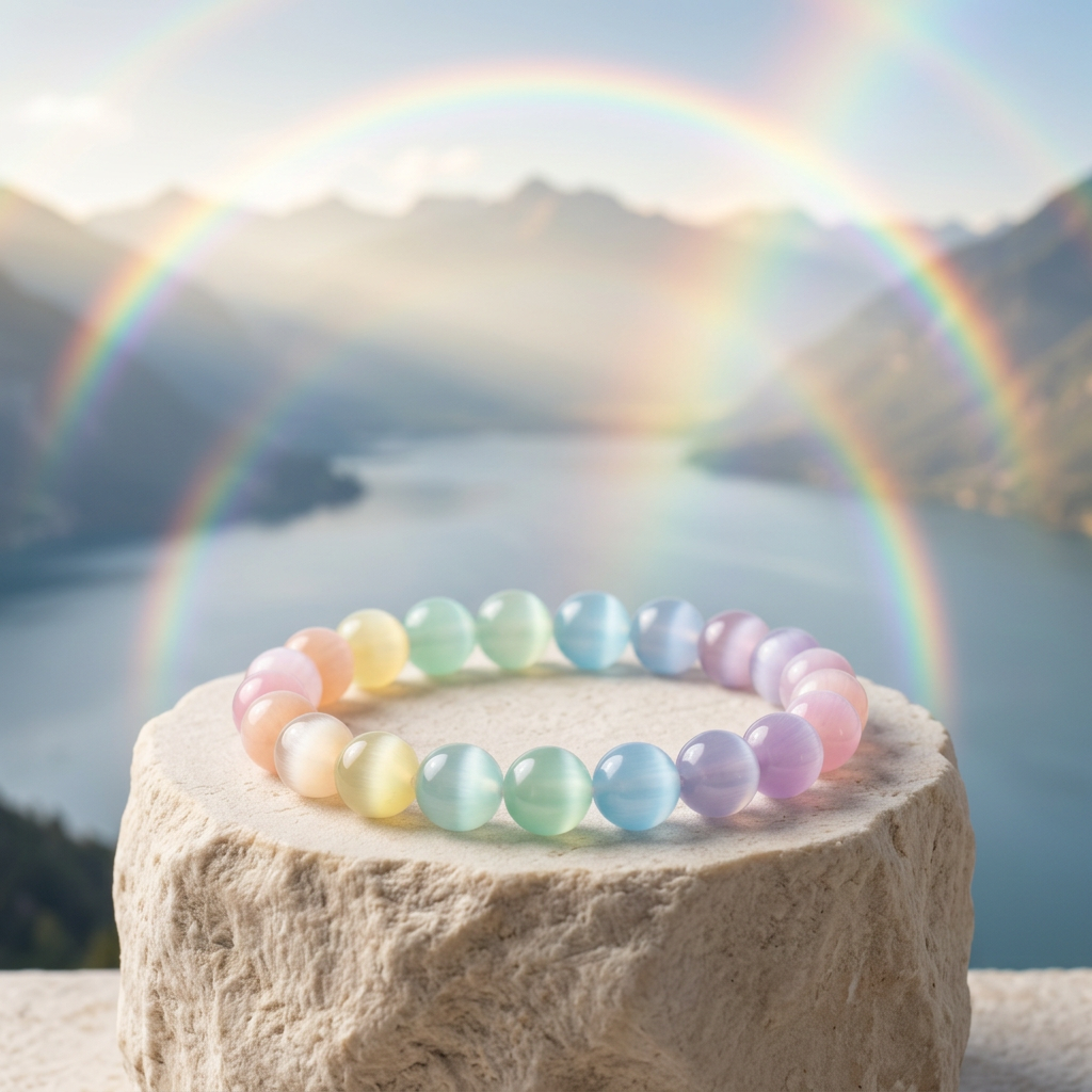 Rainbow Selenite bracelet with rainbows over a mountain lake