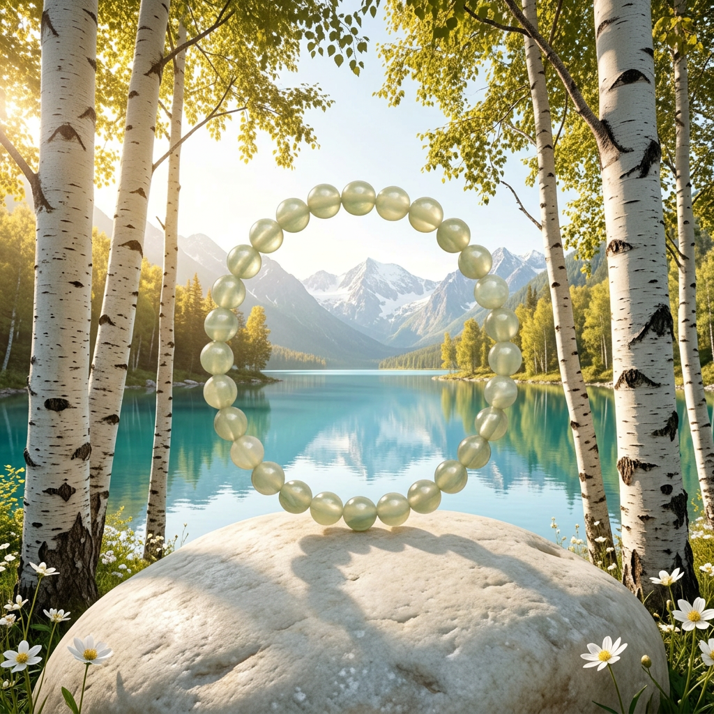 Green Aventurine bracelet with tall birches framing a turquoise mountain lake