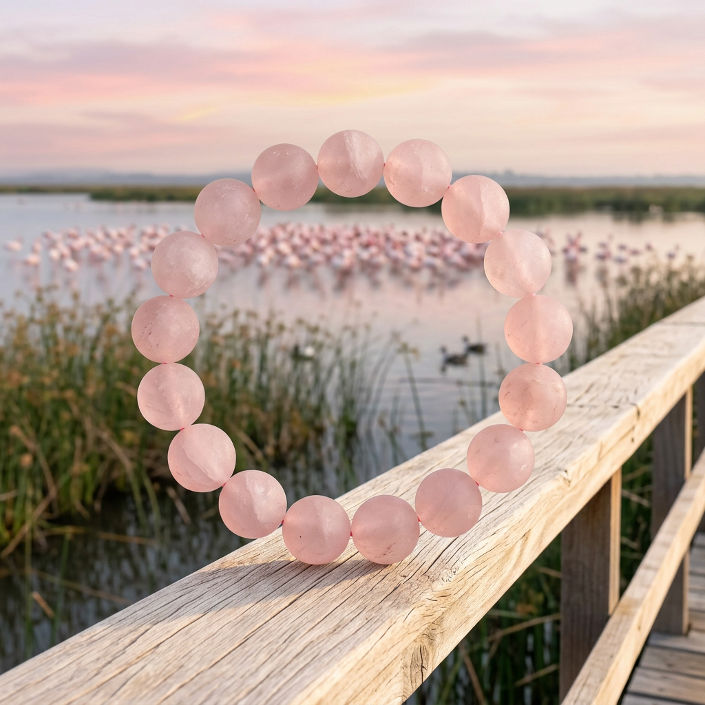 Matte rose quartz bracelet with flamingos beside an African wetland lake