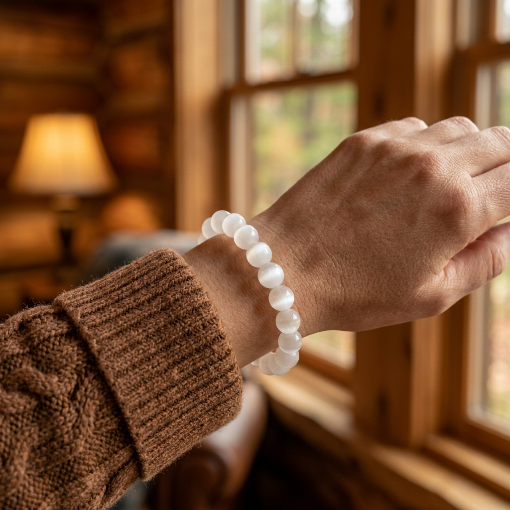 Selenite bracelet worn on a wrist beside a brown knit sleeve in a cabin