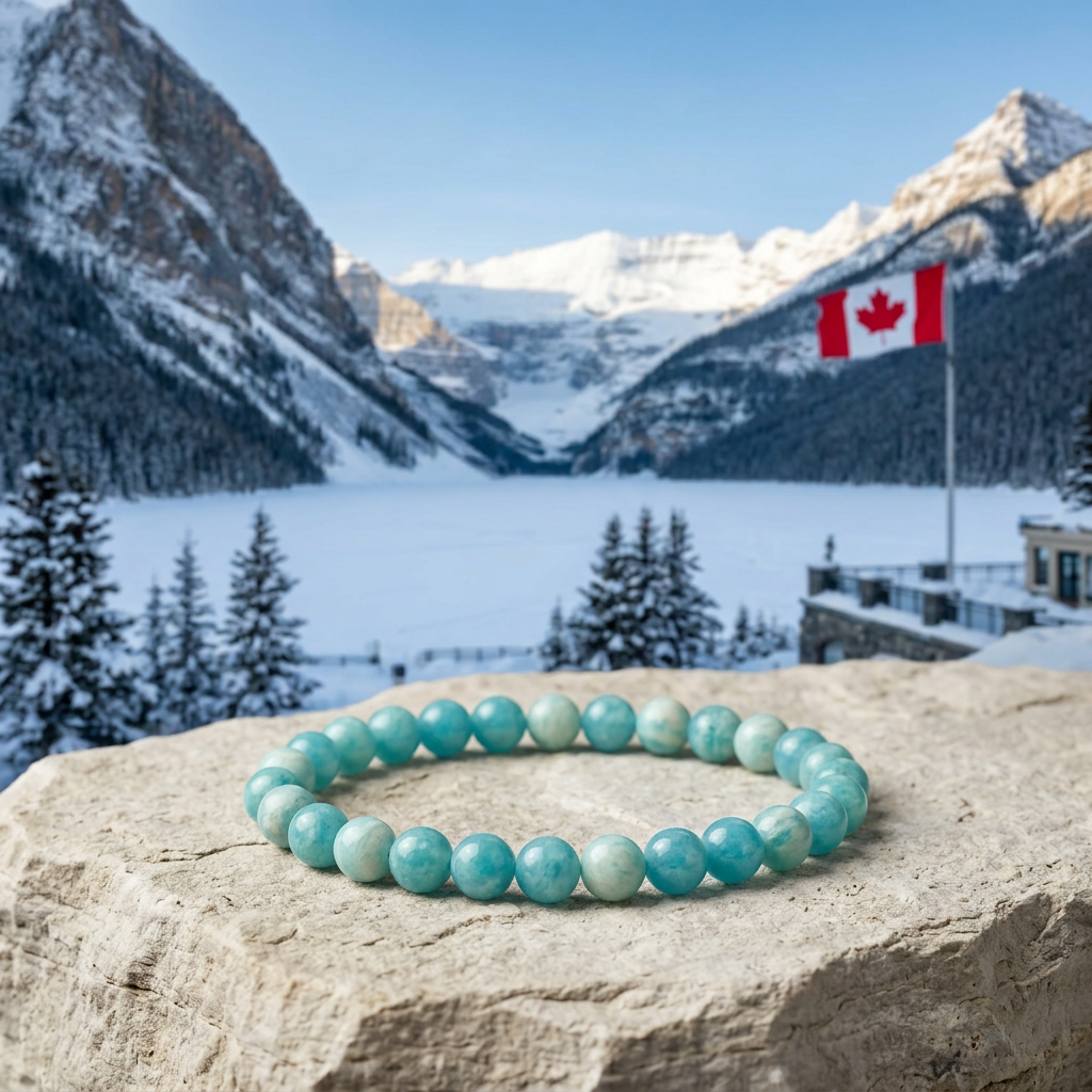 Turquoise jade bracelet with a frozen lake, snowy Canadian mountains and Canadian flag