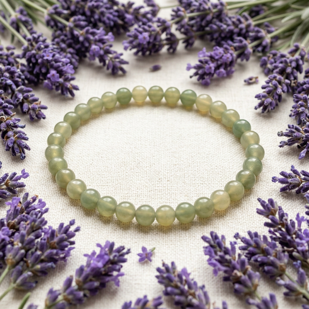 Green aventurine bracelet surrounded by lavender on ivory linen