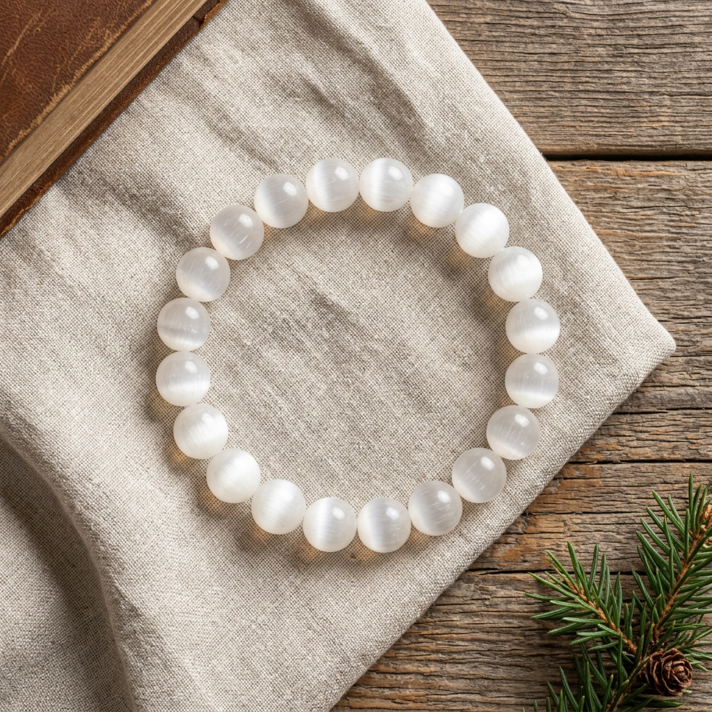 Selenite bracelet styled on linen on a brown wooden cabin table