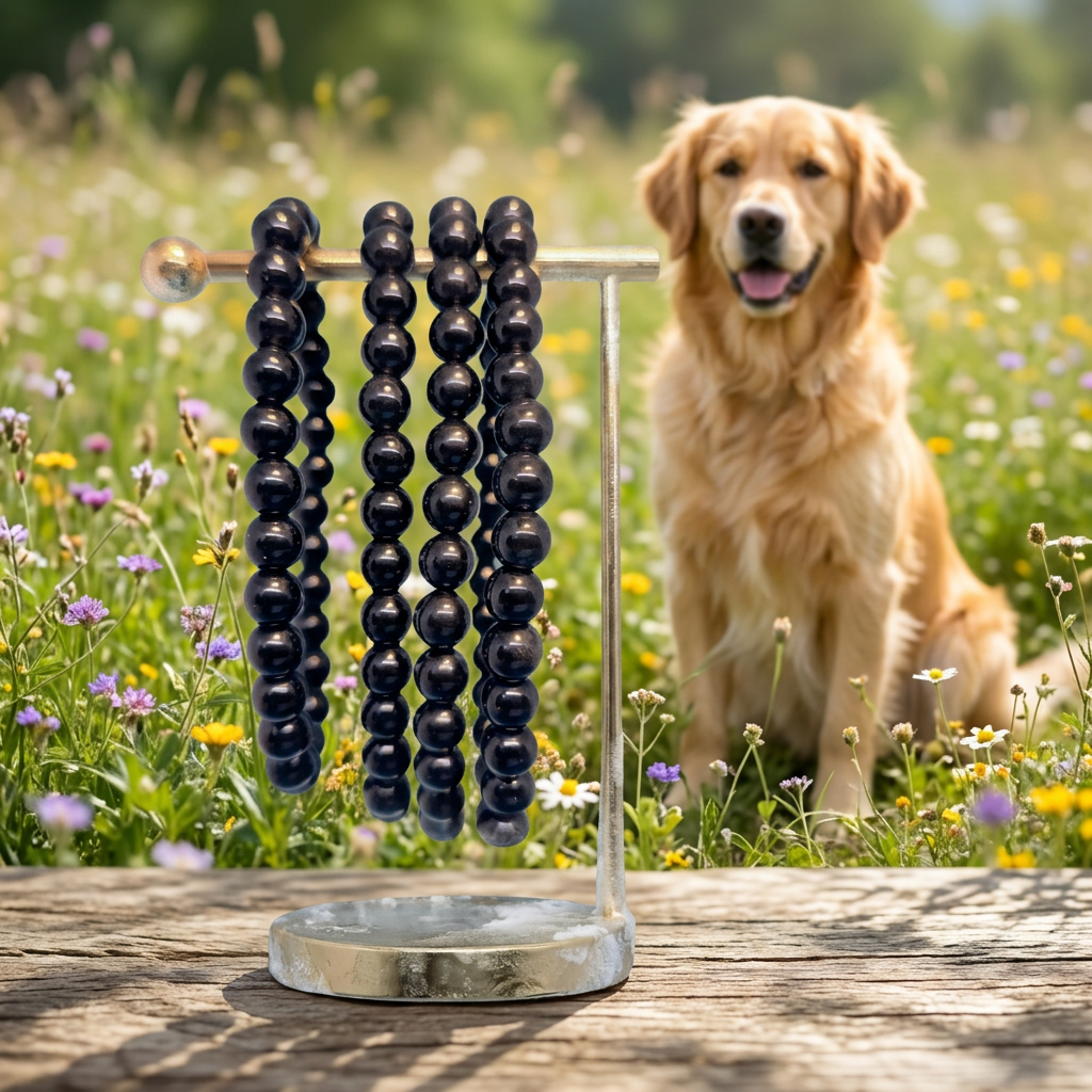 Black Tourmaline bracelets with a golden retriever in a sunny meadow
