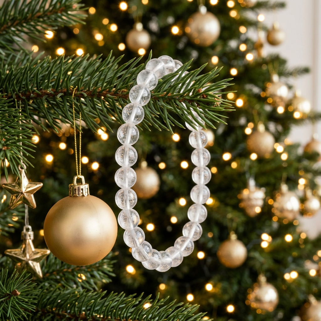 Clear Quartz bracelet on tree branch beside golden ornaments