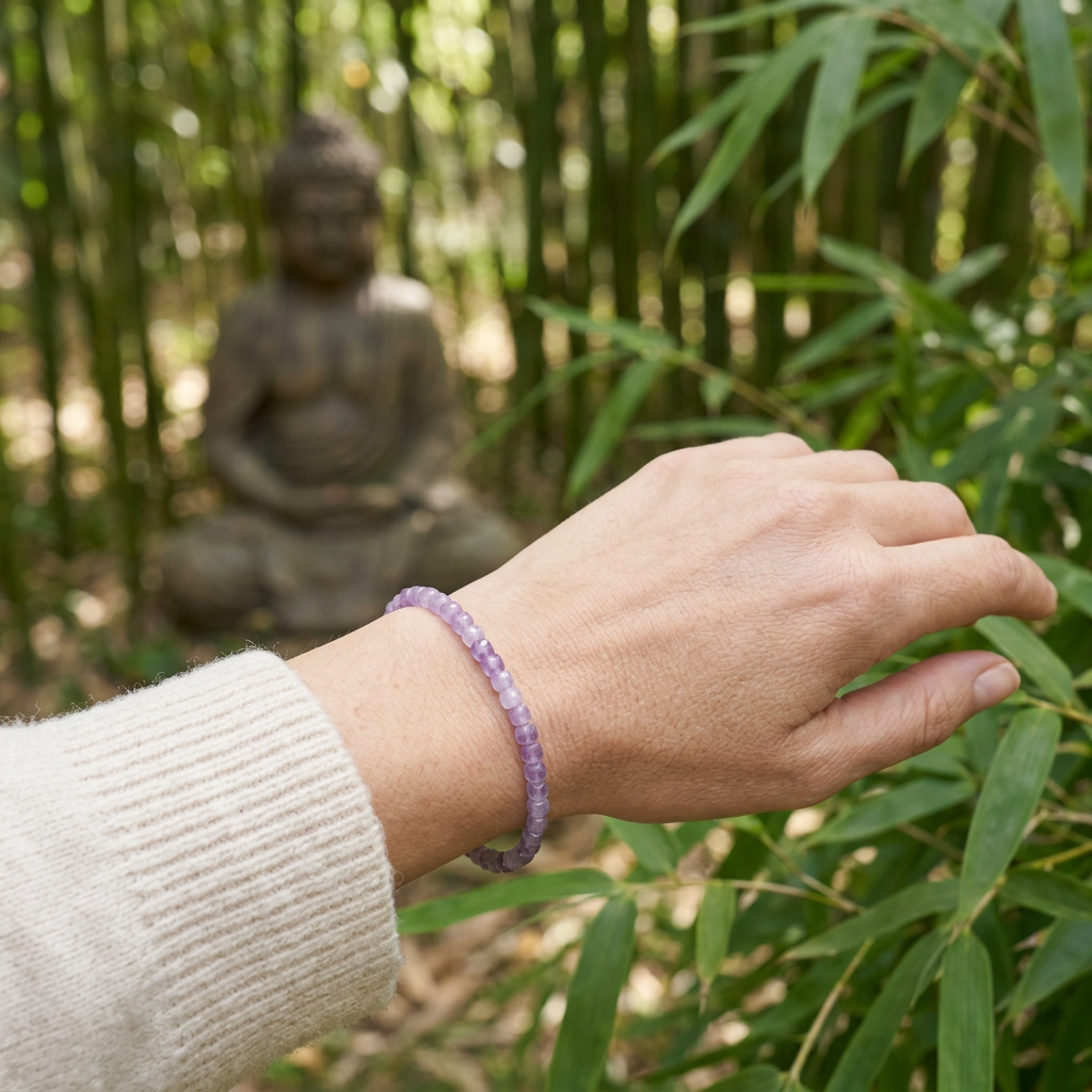 Amethyst bracelet worn in a bamboo garden with a distant Buddha statue