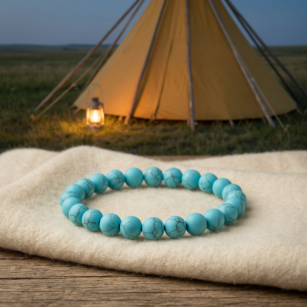Turquoise bracelet with a plain ochre-yellow canvas tipi background