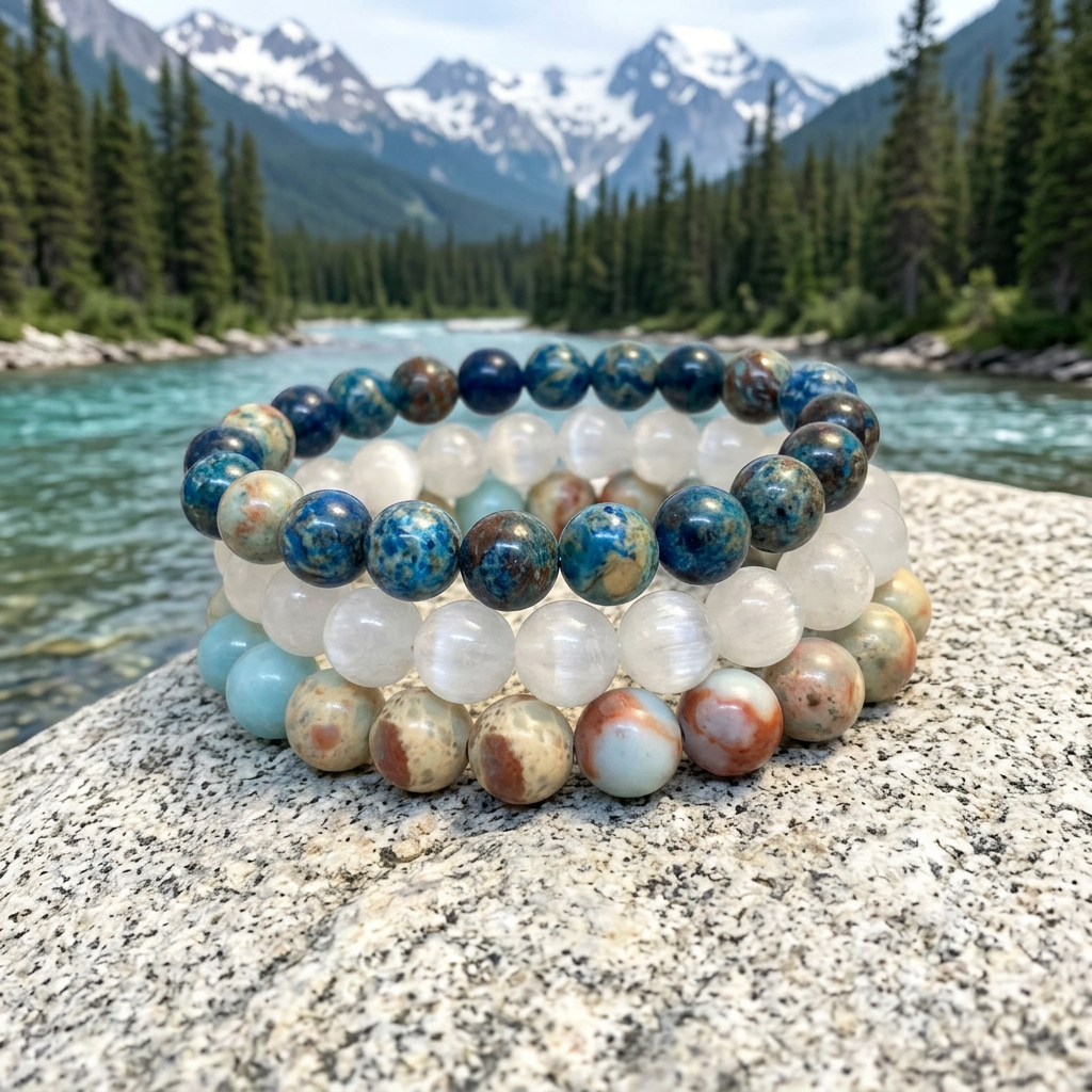 Triple Energy bracelet set beside turquoise mountain river
