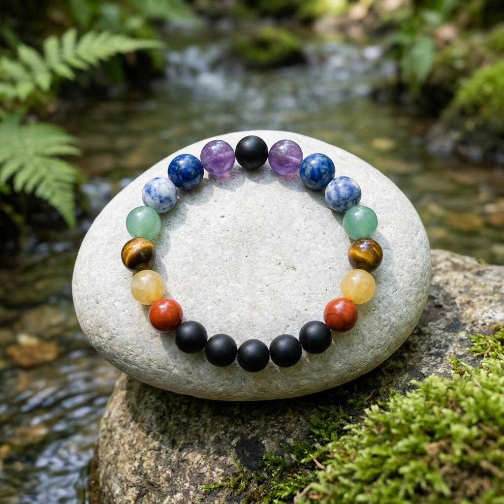 7 Chakras bracelet beside a lush forest stream