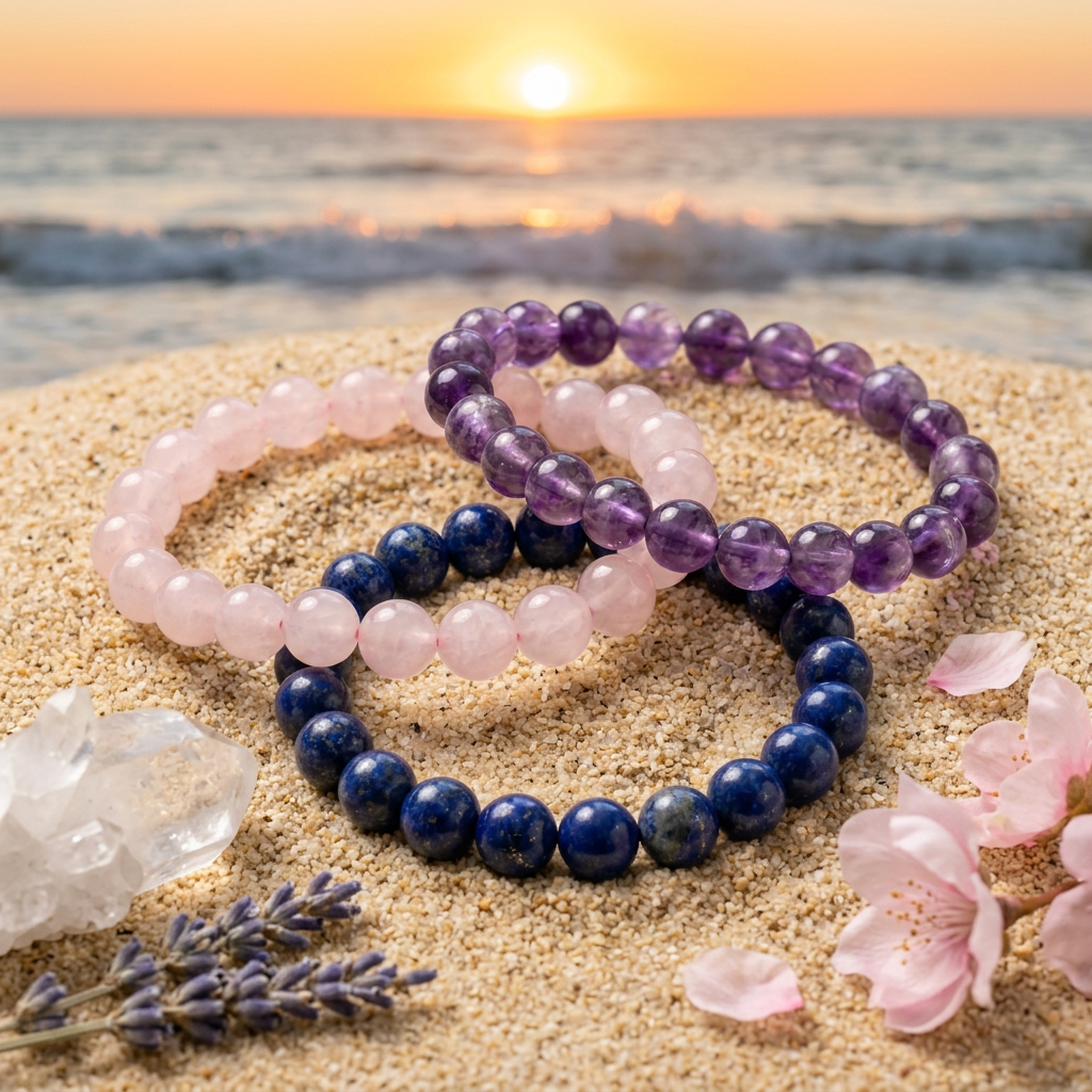 Self-Forgiveness Trio bracelets on golden sand with an ocean sunset