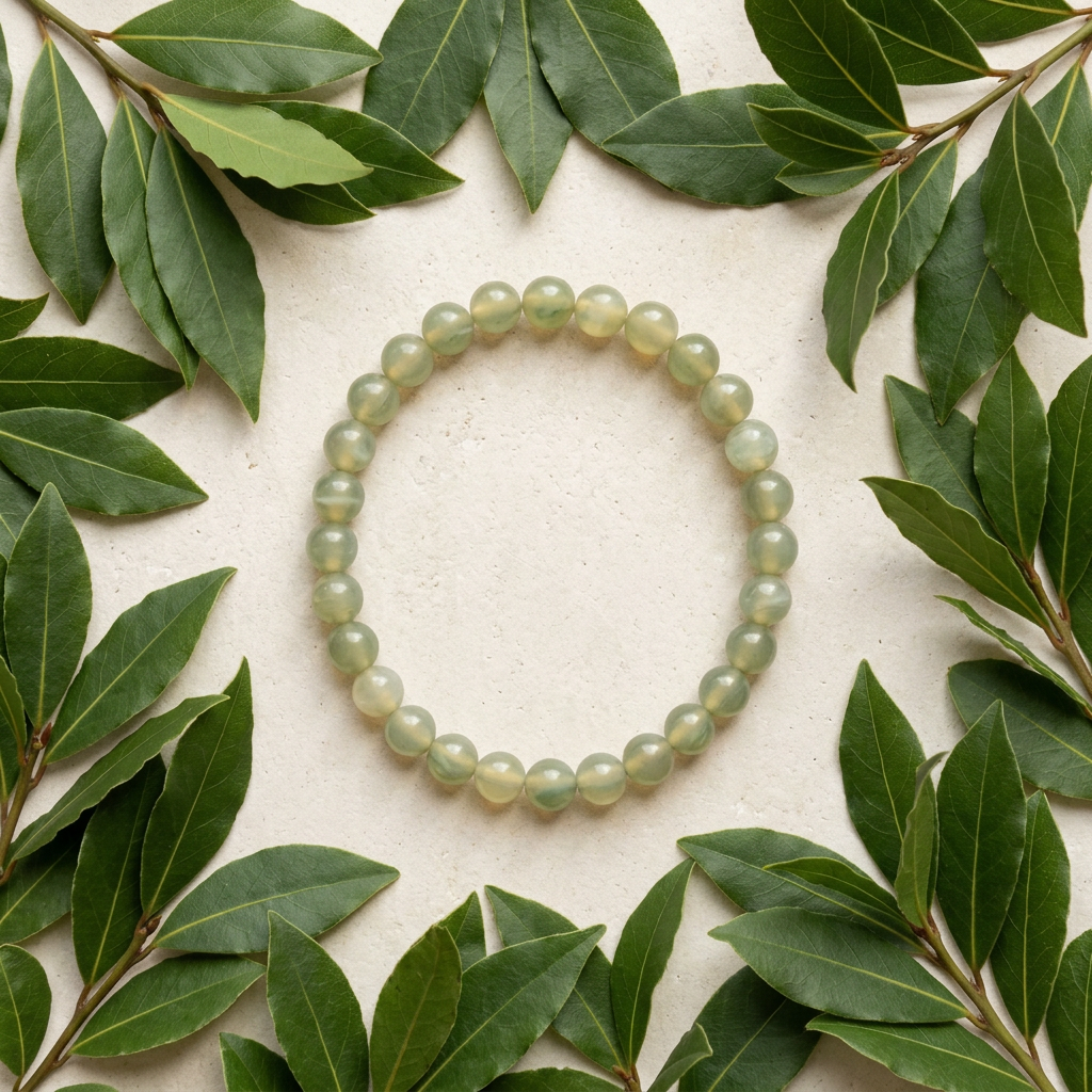 Green aventurine bracelet surrounded by fresh bay leaves