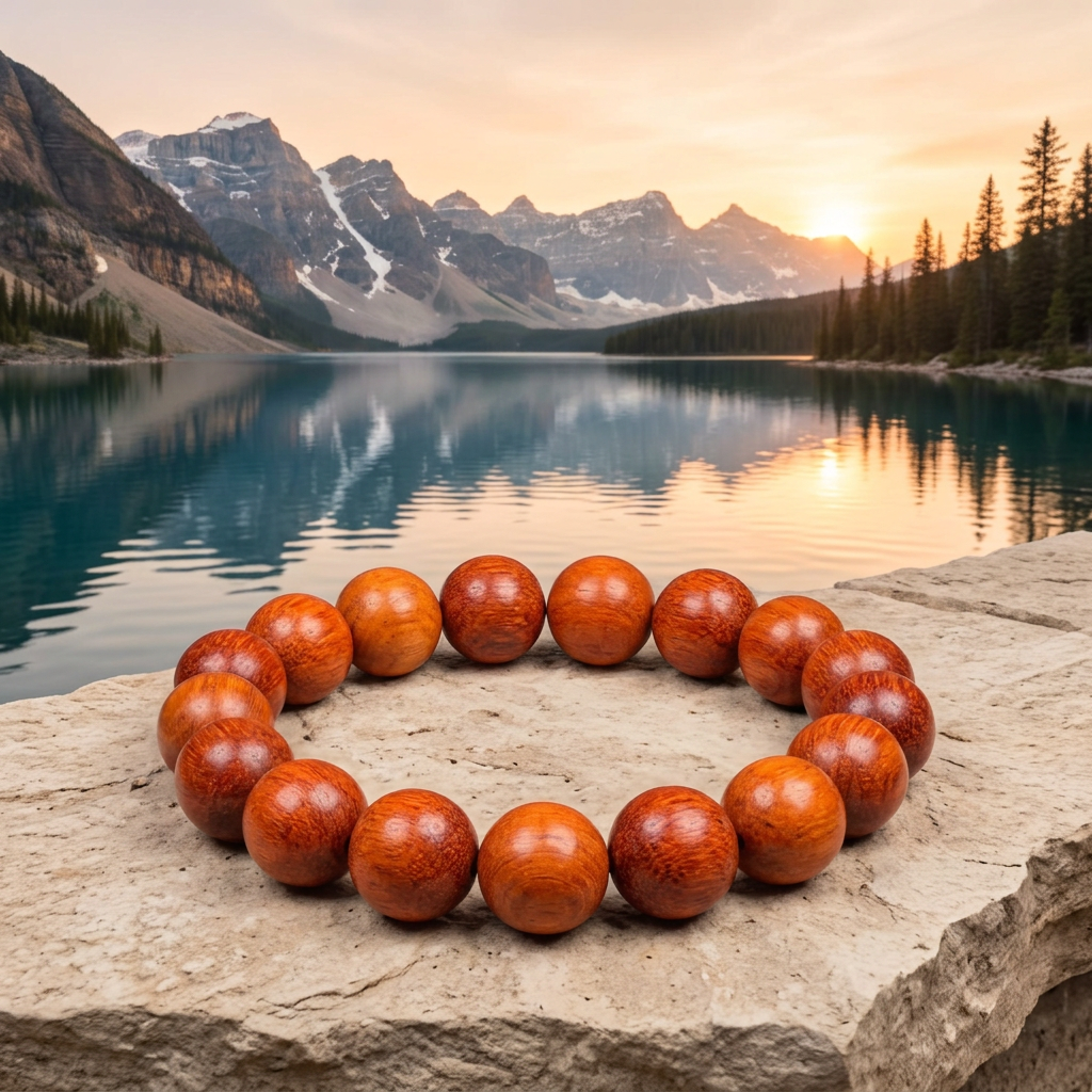 Wooden 12mm bracelet with mountain lake sunset